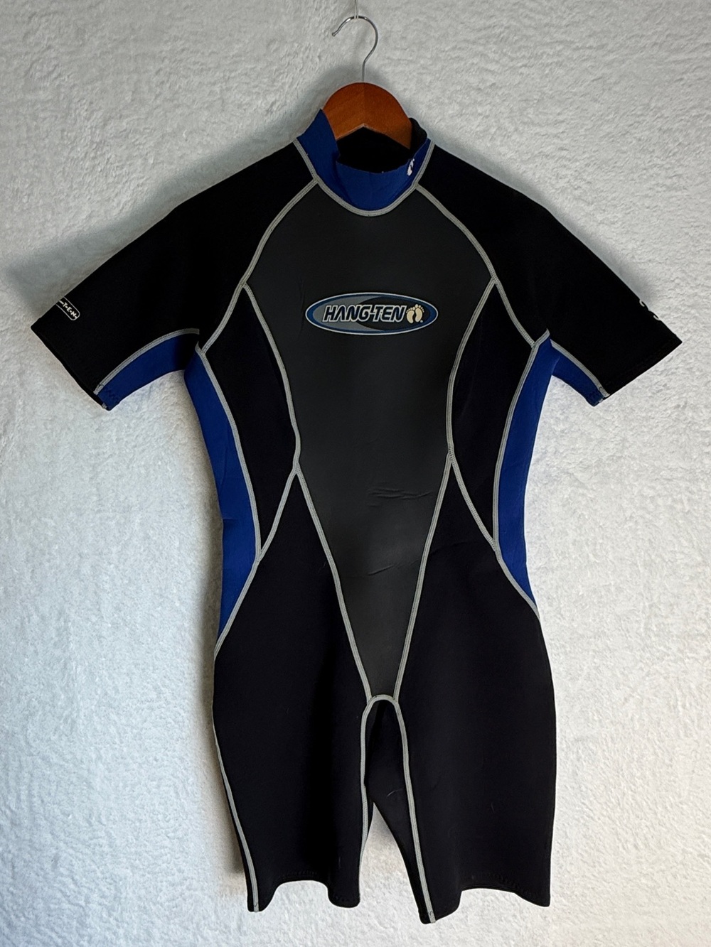 Hang Ten Shorty Wetsuit Size Large Black Blue Front Zip Surf Swim Dive